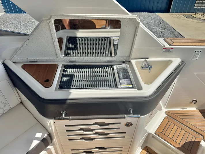  Yacht Photos Pics 2019 Sea Ray SLX 310 boat interior with grill and sink, featuring sleek design and wood accents.