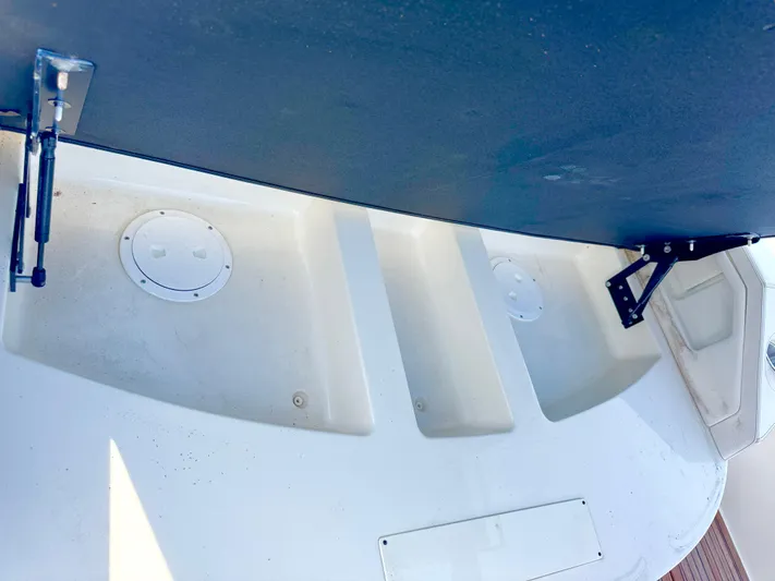  Yacht Photos Pics 2019 Sea Ray SLX 310 boat hull with visible compartments and hardware.