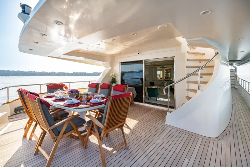 Viking III Yacht Photos Pics Luxurious 2004 Notika CENTURION 115 yacht deck with elegant dining setup.