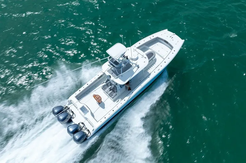  Yacht Photos Pics 2018 Freeman 37VH boat cruising on open water, aerial view.