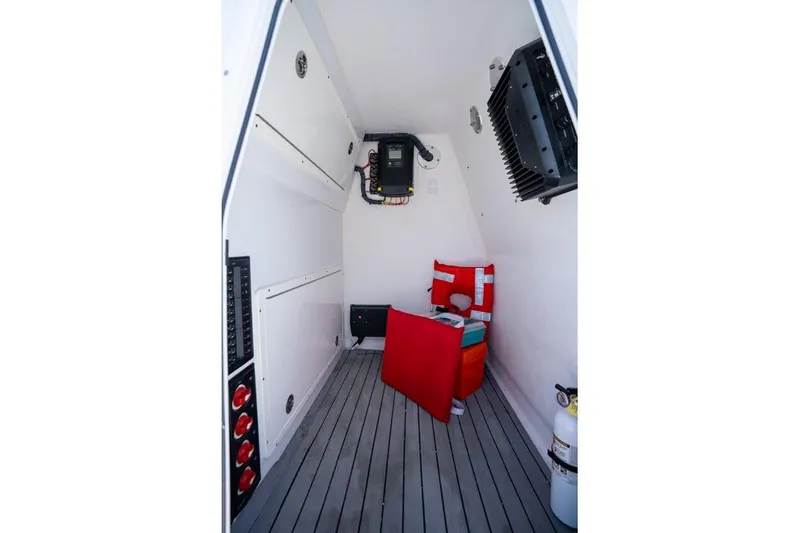 Yacht Photos Pics Interior of 2018 Freeman 37VH boat with safety equipment and control panels.