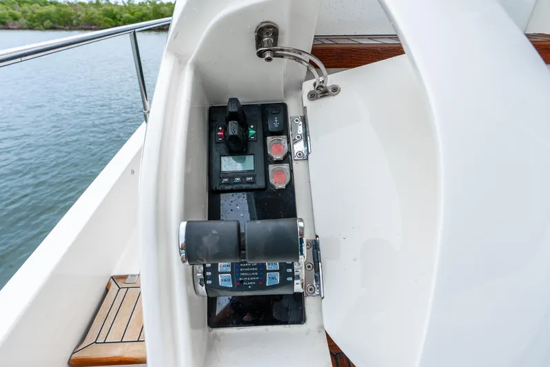 Mamu Yacht Photos Pics Control panel of a 2018 Princess F-68 yacht, featuring throttle and navigation controls.