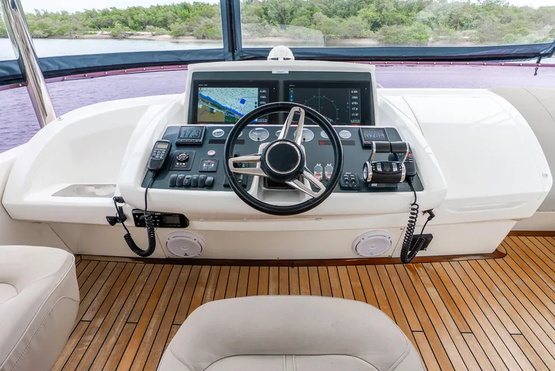 Mamu Yacht Photos Pics Helm of 2018 Princess F-68 yacht with navigation controls and wooden deck.