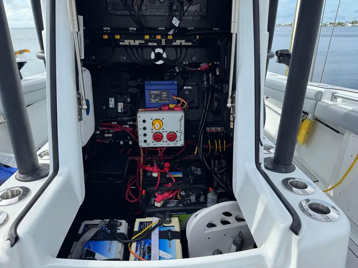  Yacht Photos Pics 2021 Yellowfin 26 Hybrid boat electrical system with wiring and battery setup.