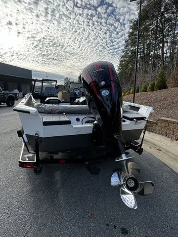 2024 Vexus ADX190 boat with powerful outboard motor, parked outdoors under a cloudy sky.