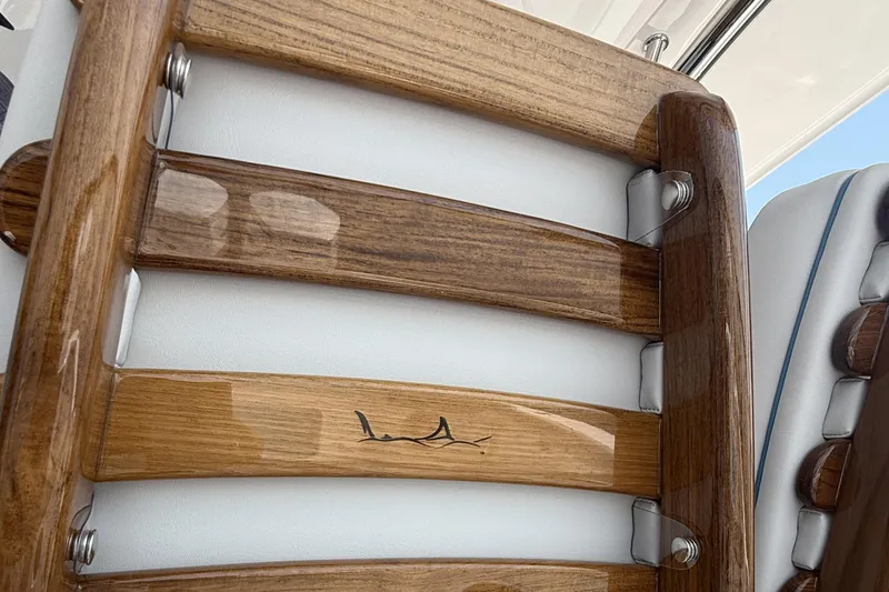  Yacht Photos Pics Polished wood detail on 2026 Mag Bay 38 CC boat interior.