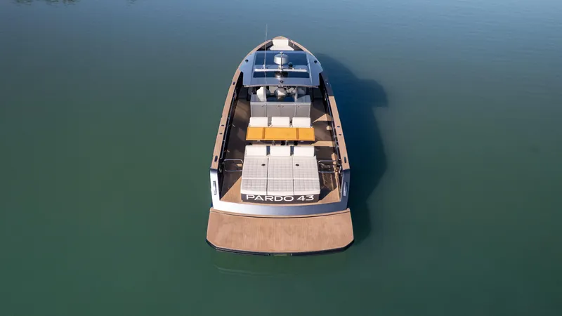  Yacht Photos Pics 2025 Pardo Yachts P43 luxury yacht on calm water, aerial view.