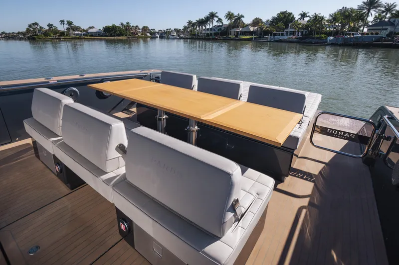  Yacht Photos Pics Luxury seating area on 2025 Pardo Yachts P43, overlooking serene waterfront.
