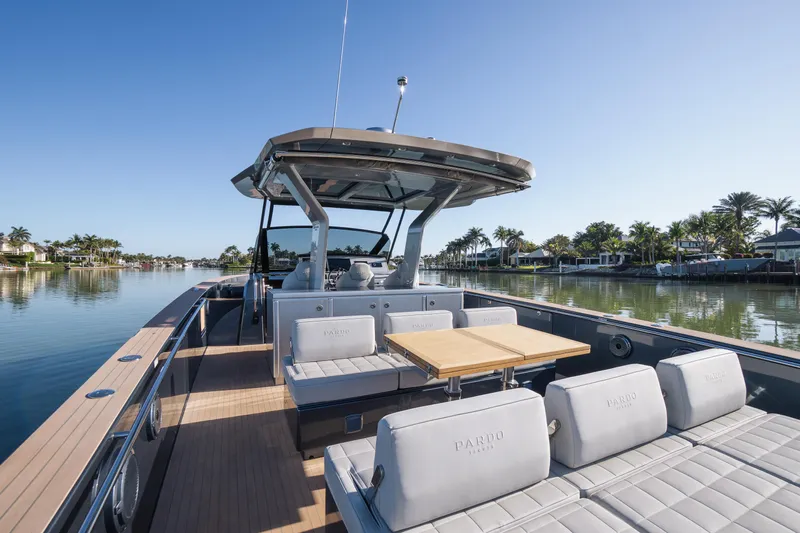  Yacht Photos Pics 2025 Pardo Yachts P43 luxury yacht with spacious deck and seating, cruising on calm waters.