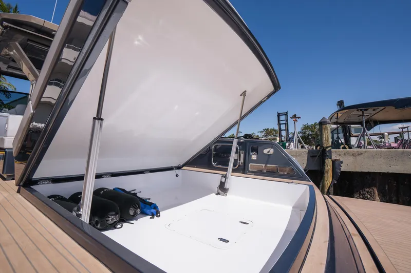  Yacht Photos Pics 2025 Pardo Yachts P43 open storage compartment on deck, showcasing spacious design.