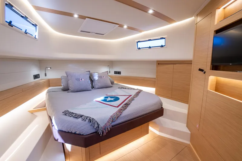  Yacht Photos Pics Luxurious interior cabin of 2025 Pardo Yachts P43, featuring modern design and ambient lighting.