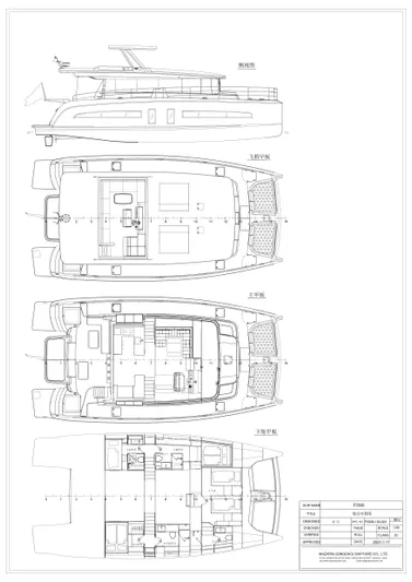  Yacht Photos Pics Blueprint of 2022 Mazarin 55 Catamaran Diesel, showcasing detailed deck and cabin layouts.