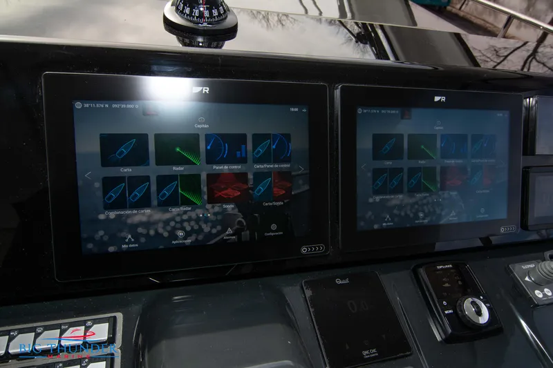  Yacht Photos Pics Dual touchscreen displays on the 2024 Jeanneau DB/37 OB boat dashboard.