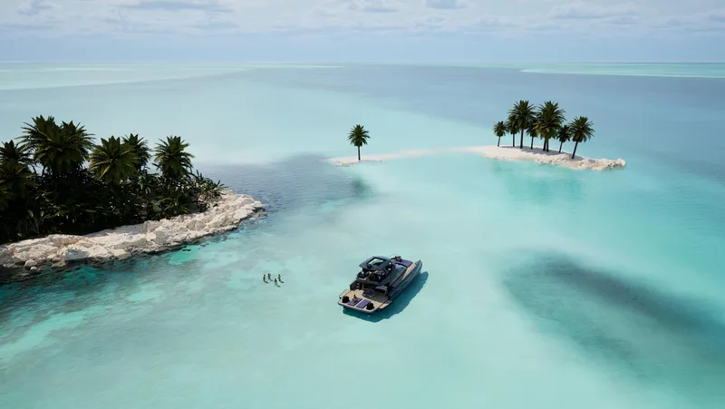  Yacht Photos Pics 2024 Infiniti 60 Powercat GT yacht near tropical islands in turquoise waters.