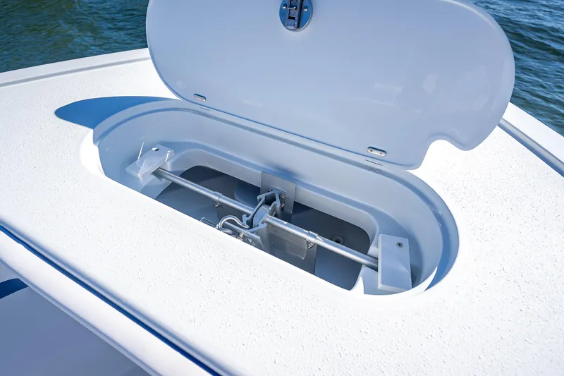  Yacht Photos Pics Open hatch on 2023 Yellowfin 39 Offshore boat, showing internal mechanism.