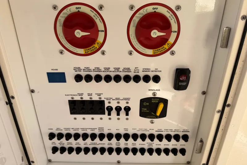  Yacht Photos Pics Control panel of a 2017 Pursuit DC 295 Dual Console boat.