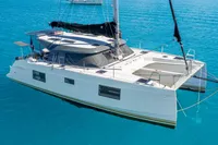 2021 Nautitech 40 Open catamaran sailing on clear blue water.