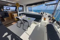 Modern Nautitech 40 Open catamaran interior, featuring a spacious seating area and ocean view.