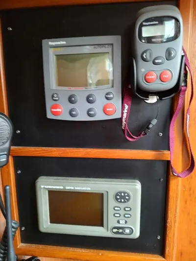 Trinity Yacht Photos Pics Navigation equipment on a 1997 Hylas 46 yacht, featuring Raymarine and Furuno devices.