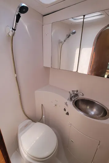 Freedom Yacht Photos Pics Compact bathroom in a 1993 Lagoon 42 yacht with shower, sink, and toilet.