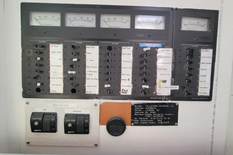 Freedom Yacht Photos Pics Control panel of a 1993 Lagoon 42 boat with switches and gauges.