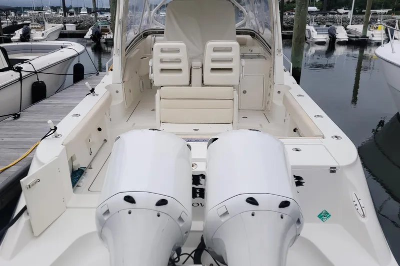  Yacht Photos Pics 2008 Hydra-Sports Vector 3500 VX boat docked with dual outboard engines.