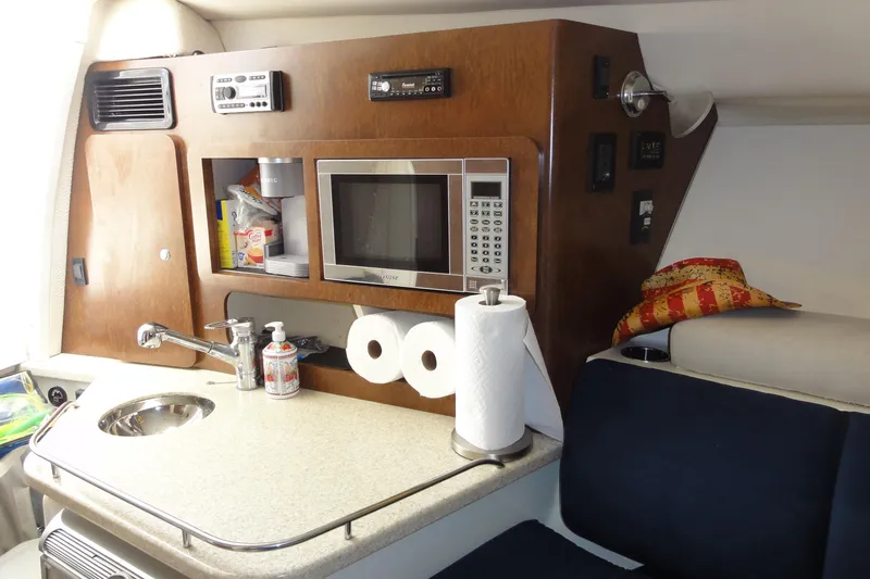  Yacht Photos Pics 2008 Hydra-Sports Vector 3500 VX cabin with kitchenette, microwave, and storage.