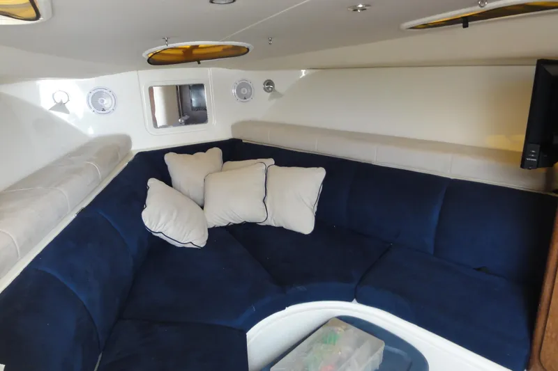  Yacht Photos Pics 2008 Hydra-Sports Vector 3500 VX cabin with blue seating and white cushions.