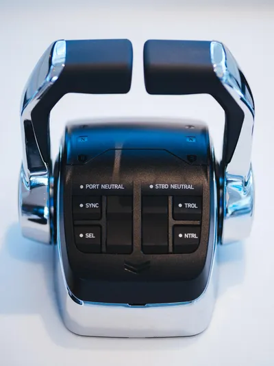 Blessed Yacht Photos Pics Sunreef 50 A 2024 yacht throttle controls with dual levers and neutral settings.