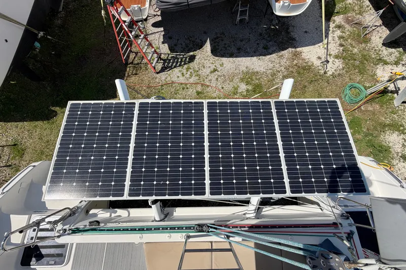 Strategery X Yacht Photos Pics Solar panels on a 2014 Outremer 45 catamaran, viewed from above.
