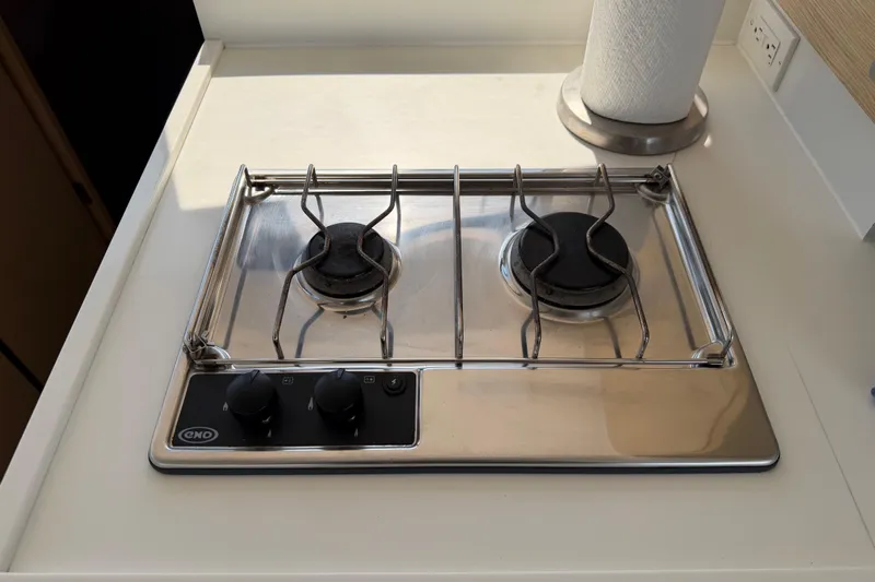 Strategery X Yacht Photos Pics Stainless steel two-burner stove on 2014 Outremer 45 yacht kitchen counter.