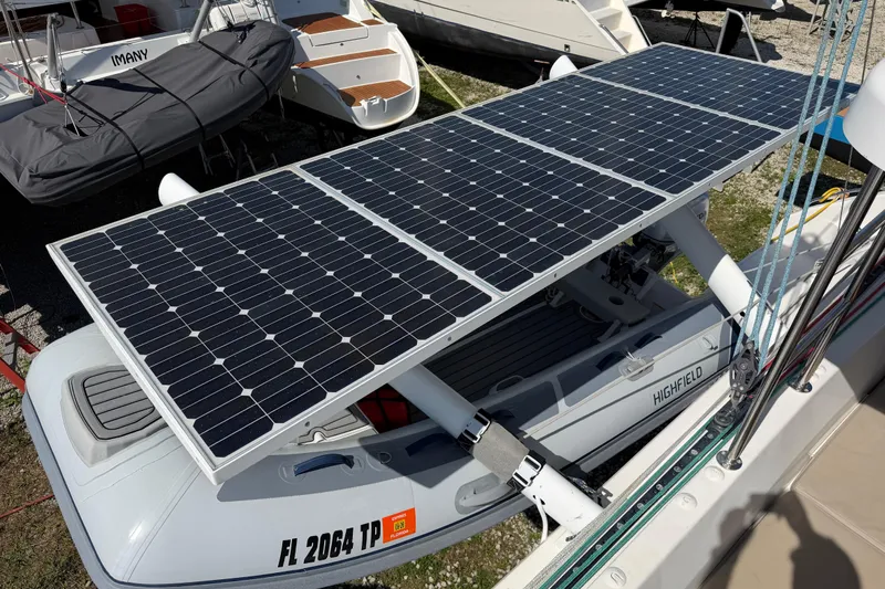 Strategery X Yacht Photos Pics Solar panels on a 2014 Outremer 45 catamaran, providing sustainable energy.