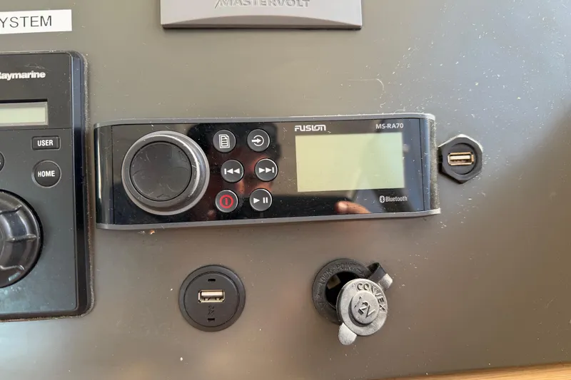 Strategery X Yacht Photos Pics Control panel of a 2014 Outremer 45 with Fusion MS-RA70 stereo system.