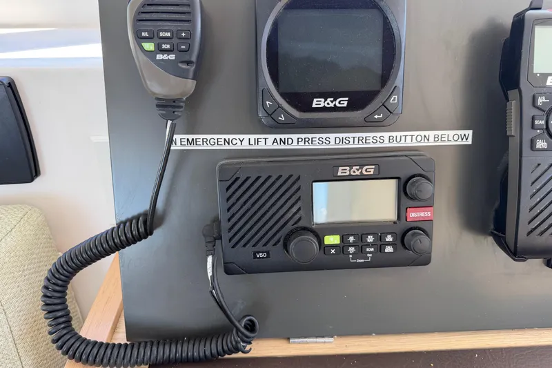 Strategery X Yacht Photos Pics VHF radio system on 2014 Outremer 45 catamaran with distress button.