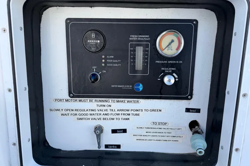 Strategery X Yacht Photos Pics Control panel of a 2014 Outremer 45 water maker system with instructions and gauges.