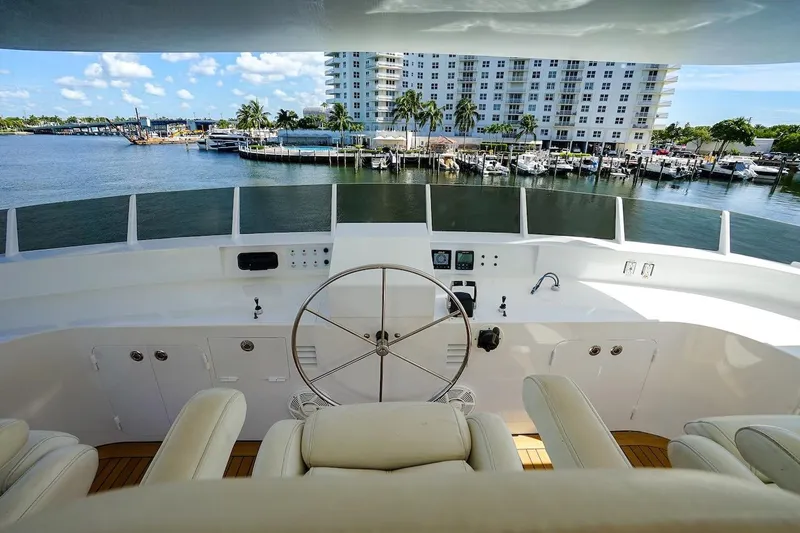  Yacht Photos Pics Luxury yacht helm with waterfront view, ABD 90 Explorer, 1996 model.