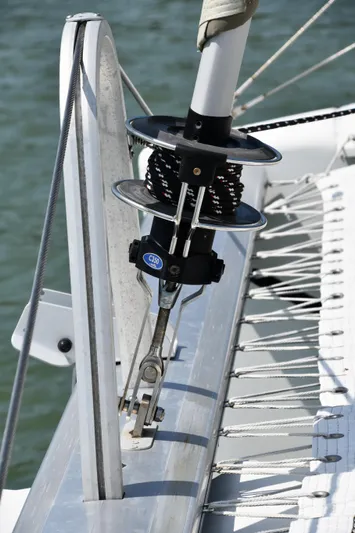 Lil Anna Yacht Photos Pics Close-up of 2014 Fountaine Pajot Mahe 36 Evolution sailboat rigging and deck details.