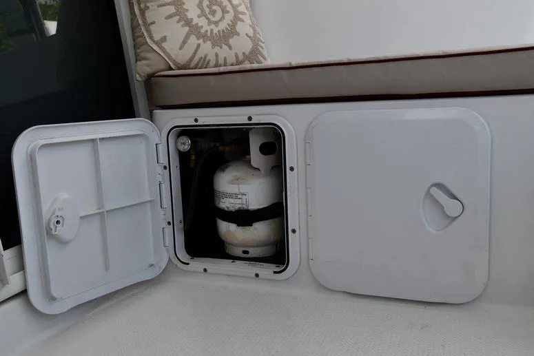 Lil Anna Yacht Photos Pics Propane storage compartment on 2014 Fountaine Pajot Mahe 36 Evolution catamaran.