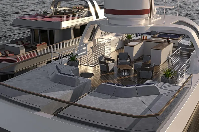 Deimos Yacht Photos Pics Luxurious Aegean Yacht 43m, 2028 model, featuring elegant outdoor seating and modern design.