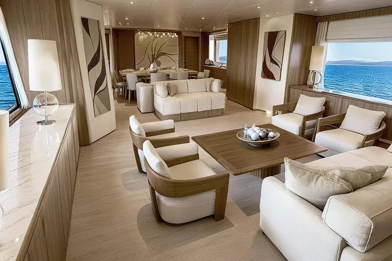 Deimos Yacht Photos Pics Luxurious interior of 2028 Aegean Yacht 43m with elegant furnishings and ocean view.