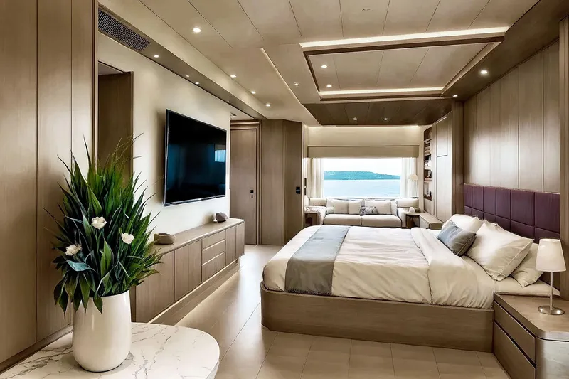 Deimos Yacht Photos Pics Luxurious bedroom interior on Aegean Yacht 43m, 2028 model, featuring modern design and ocean view.