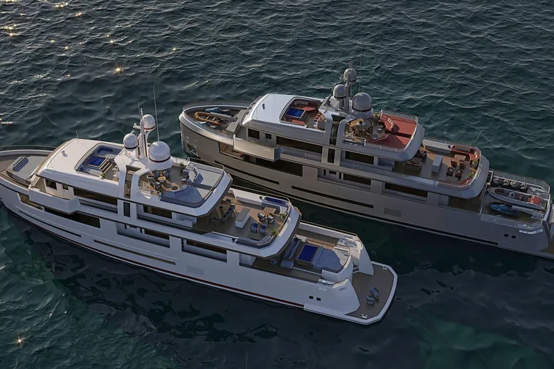 Deimos Yacht Photos Pics Two luxurious Aegean Yacht 43m models from 2028 on serene ocean waters.