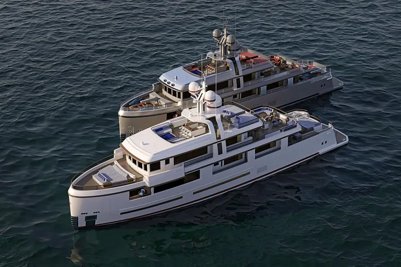 Deimos Yacht Photos Pics Two luxurious Aegean Yacht 43m vessels on calm ocean waters, 2028 model.