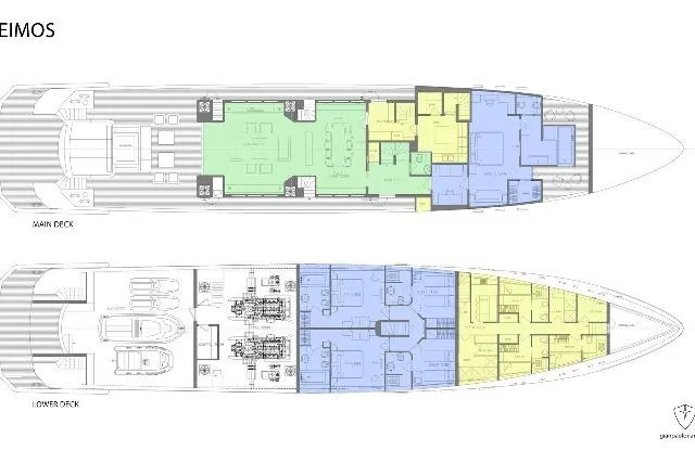 Deimos Yacht Photos Pics Floor plan of Aegean Yacht 43m, 2028 model, showing main and lower decks.