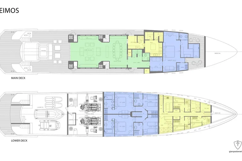Deimos Yacht Photos Pics Deck plans of Aegean Yacht 43m, 2028 model, showcasing main and lower decks.