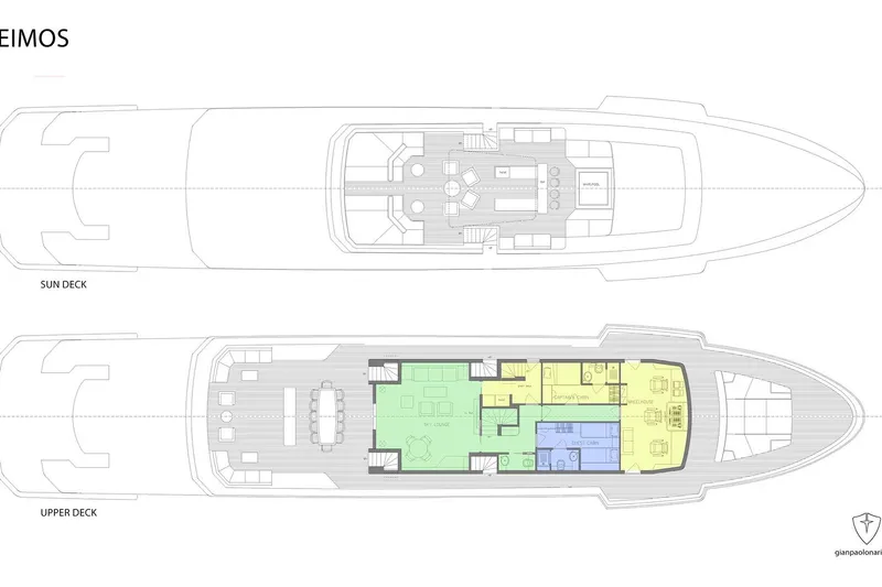 Deimos Yacht Photos Pics Deck layout of Aegean Yacht 43m, 2028 model, featuring sun and upper decks.