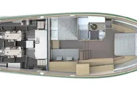 Top view layout of 2022 Solaris Power 44 Open yacht interior design.