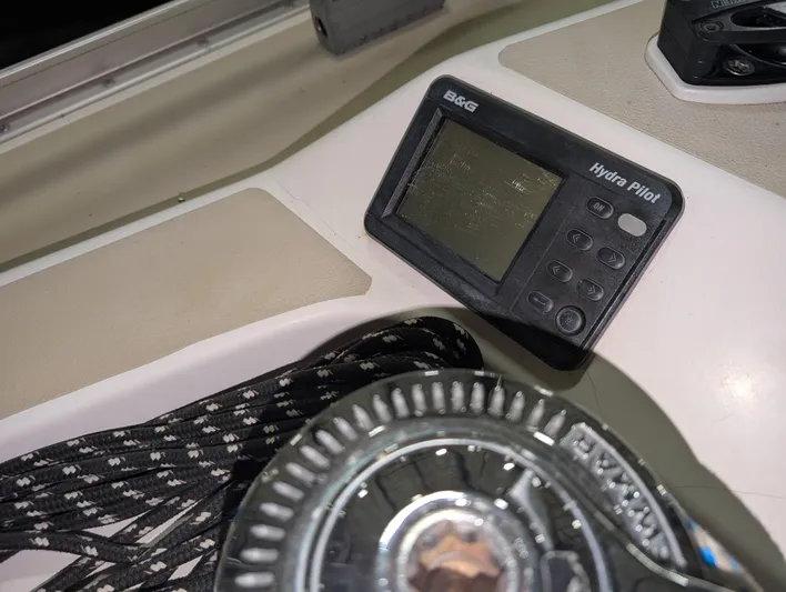 Navicula Yacht Photos Pics B&G Hydra Pilot on 2001 J Boats J/46 sailboat, with winch and ropes visible.