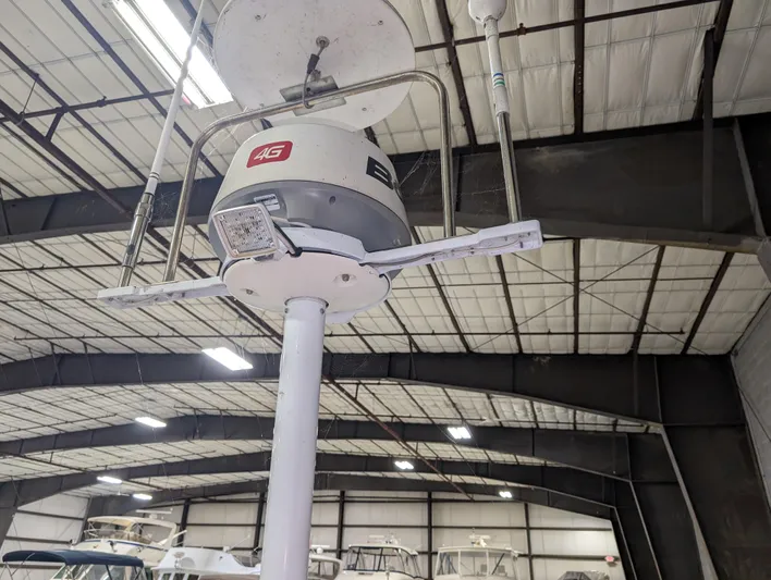 Navicula Yacht Photos Pics Radar equipment on a 2001 J Boats J/46 sailboat in a storage facility.