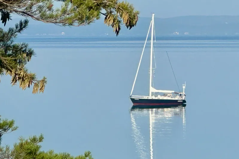 Navicula Yacht Photos Pics Sailboat J/46 from 2001 on calm water, framed by tree branches.